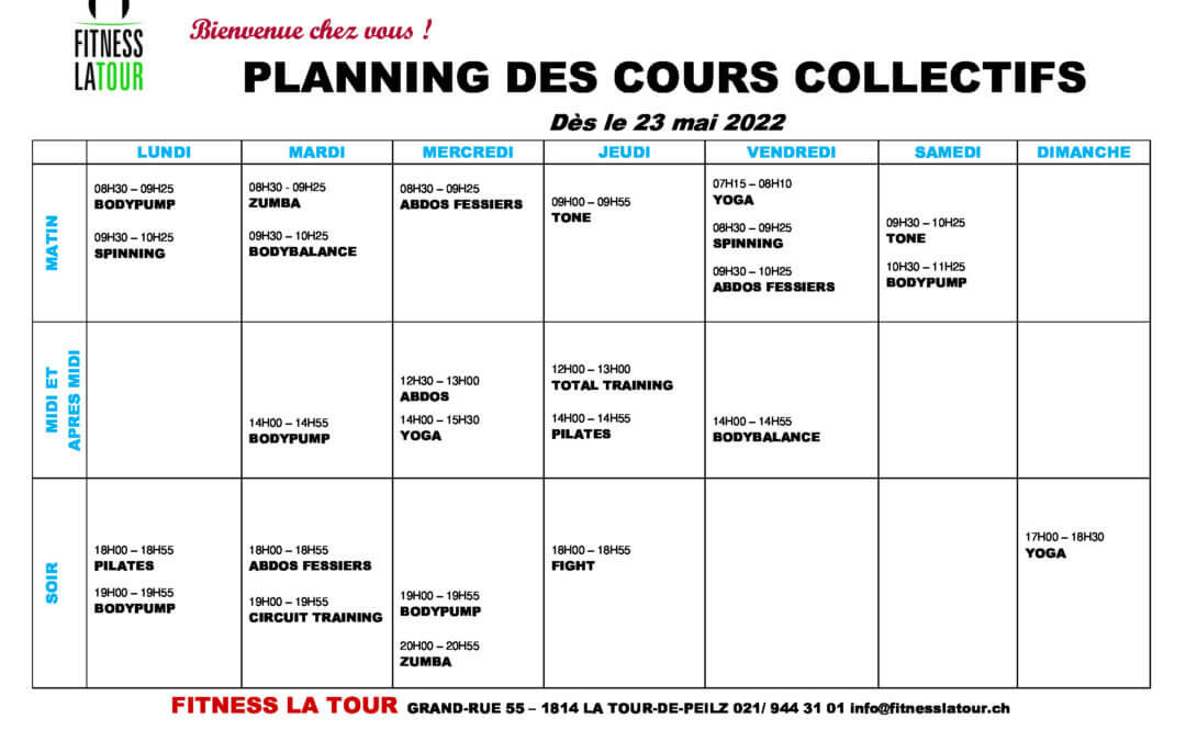 NOUVELLE GRILLE DES COURS COLLECTIFS DES LE 23 MAI 2022